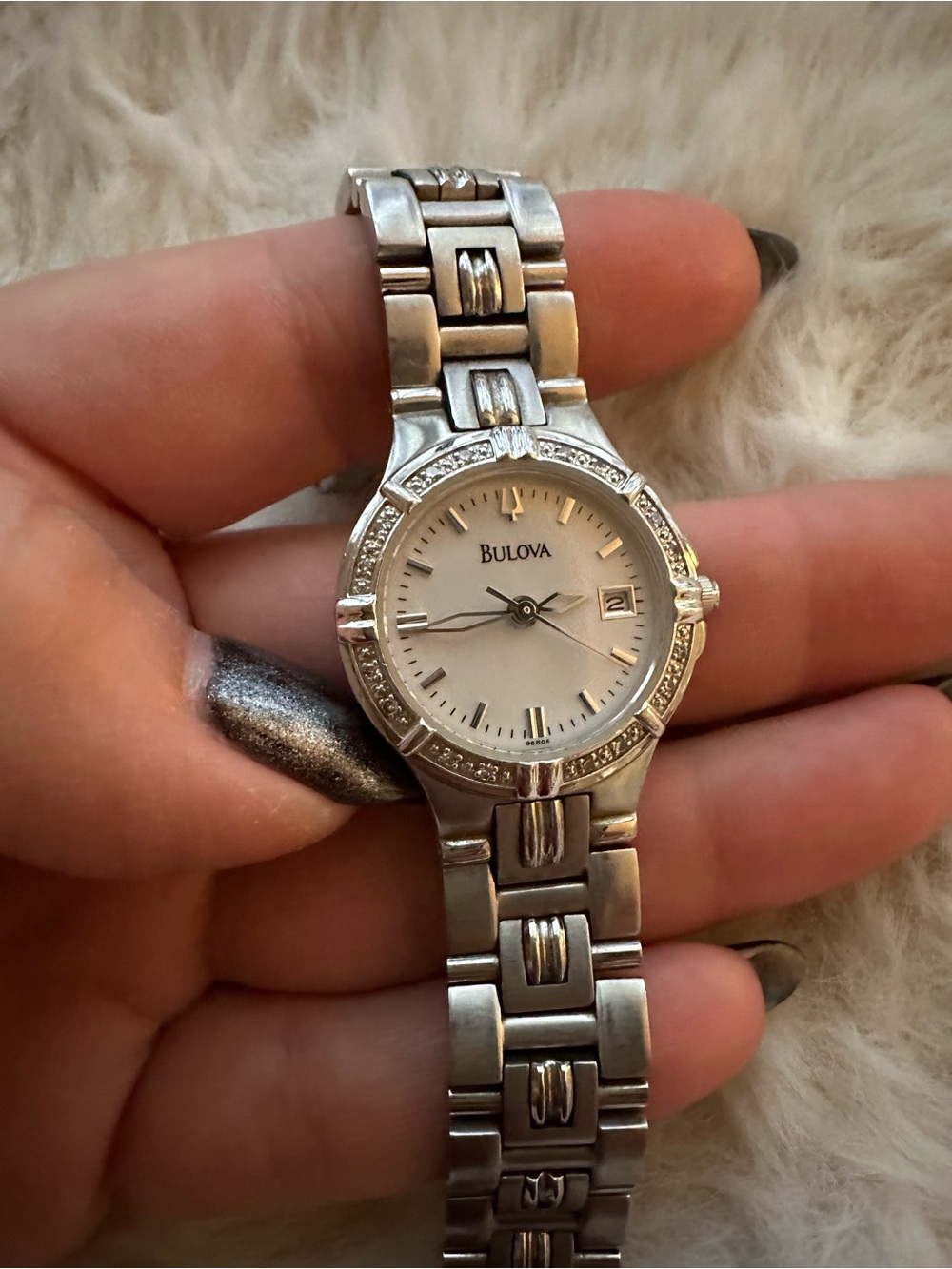 Bulova Silver Bracelet Watch with White Dial and Crystal Accents